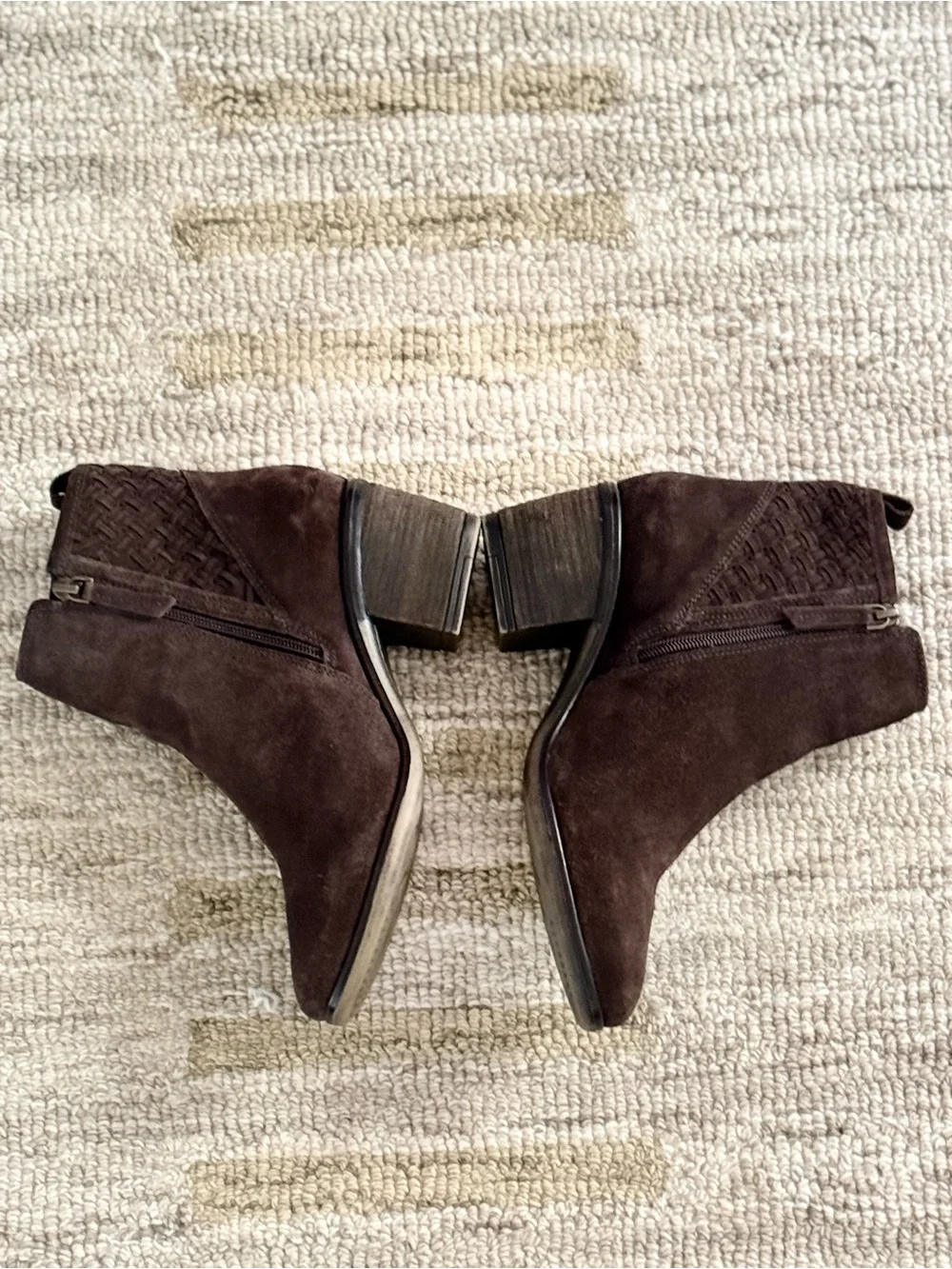 Joie Chocolate Brown Suede Ankle Booties Woven Detail Block Heel Zip Size 8.5